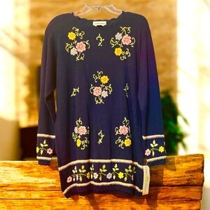 Sag Harbor Navy Sweater with Floral Embroidery